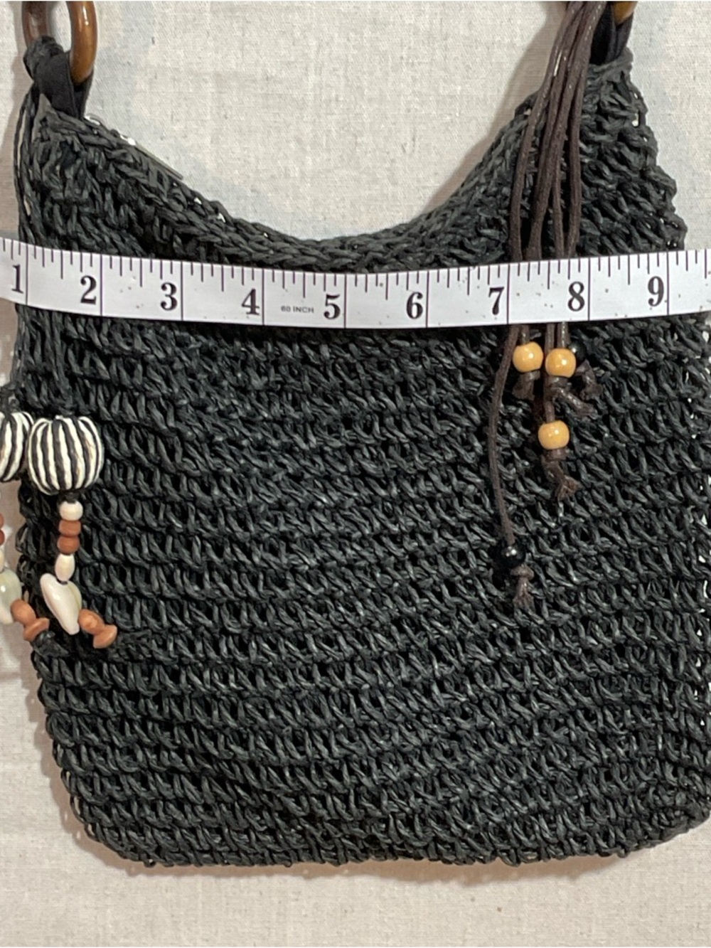 SUN N SAND Black woven straw Crossbody bag. Boho beaded shell charms - Picture 3 of 6